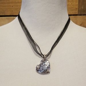 Silvertone heart on black ribbon necklace